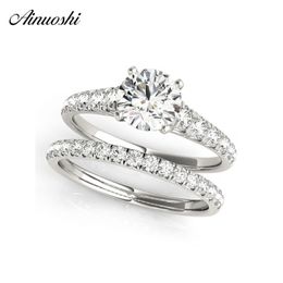 AINUOSHI 925 Sterling Silver Women Ring Sets Or Blanc Couleur Round Cut 1CT Ring Sets Wedding Engagement Party Bijoux en argent Y200106