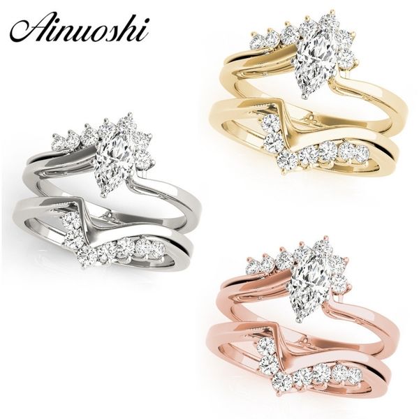 AINUOSHI 925 Conjuntos de anillos de boda de plata esterlina para mujer Oro blanco Oro amarillo Oro rosa Color 0.8ct Marquise Lover Aniversary Ring Y200106