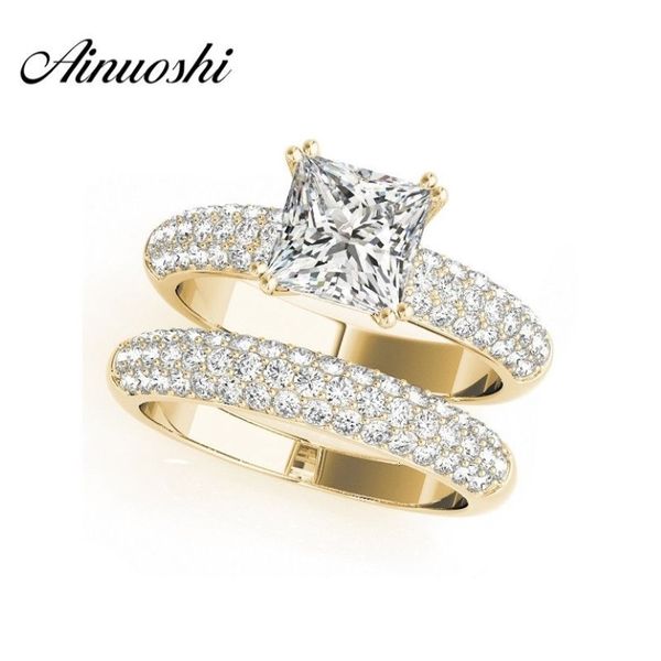 Ainuoshi 925 Sterling Silver Yellow Gold Color 4 Prongs Bridal Ring Set 1 5CT Princess Cut Wedding Silver Sona Ring Set Jewelry Y218B