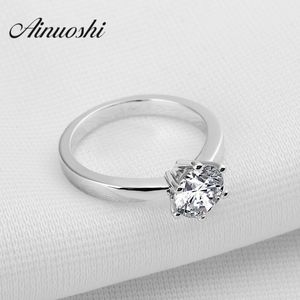 Ainuoshi Classic 1 Carat Ronde Cut Solitaire Finger Ring Engagement Bruiloft Accessoires 6 Klauwen 925 Sterling Silver Lover Rings Y200106