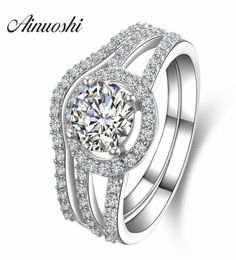 AINUOSHI luxe 1 Carat femmes bagues de fiançailles ensemble 925 solide en argent Sterling Halo Bague de haute qualité bague de mariée ensemble pour la fête Y205122108