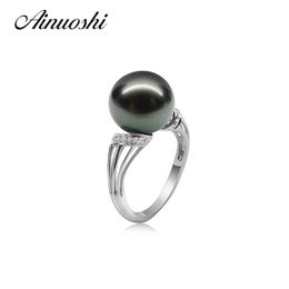 Ainuoshi Luxe 11-11,5 mm Natural Tahiti Black Pearl Round Pearl Rings 925 Sterling Silver Women Anniversary Engagement Rings Y200107
