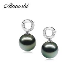 AINUOSHI Natural Mar del Sur Negro Tahití Perla 9.5-10mm Perla redonda Pendientes de botón Plata de ley 925 Mujeres Pendientes de botón Joyería Y200107