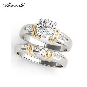 AINUOSHI à la mode 925 en argent Sterling femmes bague de fiançailles de mariage ensembles couleur or jaune 1ct rond anniversaire anillos de plata Y20246L