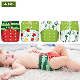 AIO 4 Stuks Herbruikbare Borns Doek Luiers Watermeloen Print Wasbaar Milieuvriendelijke Luier Zak Waterdicht Kind Leren Slipje 240227