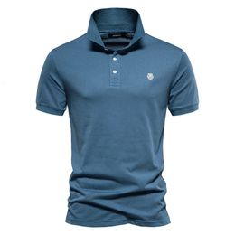 Aiopeson 100% katoenen borduurwerk heren Polo shirts vaste kleur korte mouw voor mannen zomer merk sociale polos 240410