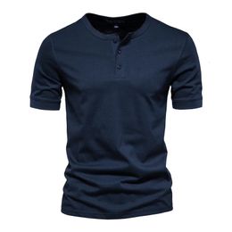 Aiopeson 100% katoenen Henley kraag T-shirt Men Casual Hoge kwaliteit Zomer Korte mouw Mens T Shirts Fashion Basic T-shirt Male 240412