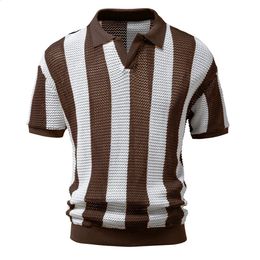 AIOPESON 100% Katoen Hol Heren Polo Shirts Korte Mouw Gebreide V-hals Zien Door Sexy Polo Shirts voor Mannen Zomer 240304