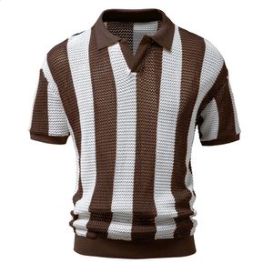 AIOPESON 100% Katoen Hol Heren Polo Shirts Korte Mouw Gebreide V-hals Zien Door Sexy Polo Shirts voor Mannen Zomer 240309