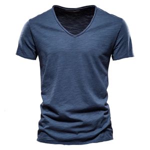 Aiopeson 100% coton T-shirt V-Neck Fashion Design Slim Fit Soild T-shirts mâles T-T-T-T-SEET CHIRT CHIRT POUR MEN 240412