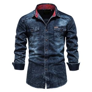 AIOPESON 100% Katoen Slim Fit Denim Shirts Mannen Casual Effen Kleur Lange Mouw s Jeans Herfst Mode voor 220215