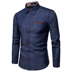 AIOPESON Herfst Mens Jeans Shirt Solid Slim Fit Lange Mouw Topkwaliteit 100% Katoen Denim S 210626