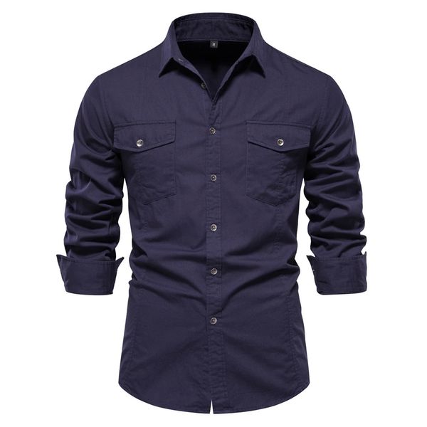 AIOPESON automne Style militaire 100% coton poche chemise pour hommes couleur unie mince chemises décontractées pour homme à manches longues 240307