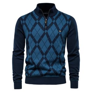 AIOPESON Brand Argyle Pullovers Sweater Men Casual Zipper Mock Neck Cotton Sweater para hombres Winter Fashion Warm Mens Sweaters 211221