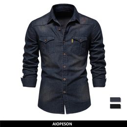 Aiopeson merk Elastische katoenen denim shirt lange mouw kwaliteit cowboy shirts voor casual slanke fit heren designer kleding 220811