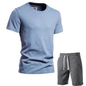 Aiopeson Simple Katoen Heren Sets Casual Effen Kleur T-shirts + Shorts Twee stuk Outfits Mannen Zomer Kwaliteit Merk Mannen Kleding 210714