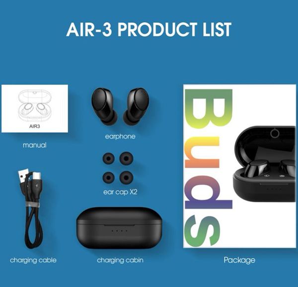 Air-3 Air 3 Buds TWS Mini Bluetooth 5.0 dans l'oreille véritable casque sans fil avec micro écouteur stéréo A6S Air3 A7S pour téléphones intelligents Samsung Galaxy S21 S20 Note 10