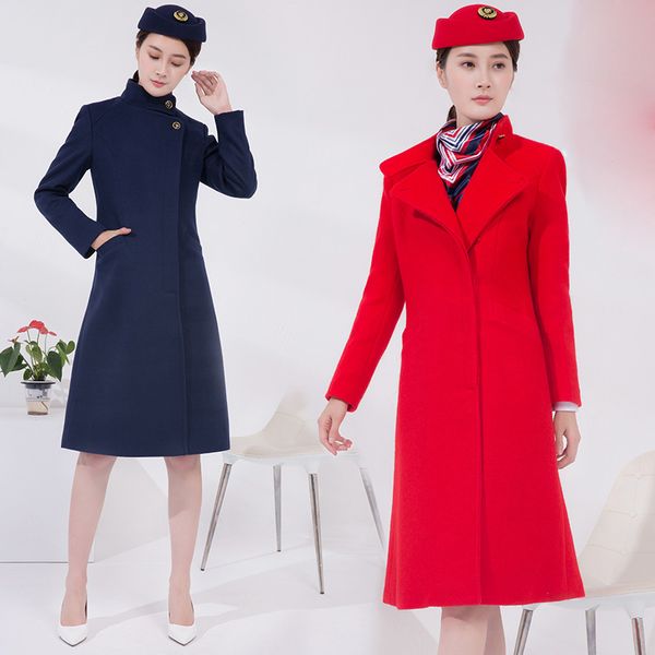 Air China CAAC abrigo de azafata mujer invierno uniforme largo ajustado hasta la rodilla bata abrigo de lana azafata ropa señora