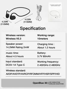 Luchtgeleiding Bluetooth Headset Open-Ear draadloze hoofdtelefoon Bluetooth oortelefoons Wireless 5.3 met ultra lange batterijduur Sportssensorloze waterdichte Open30