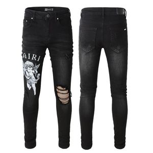 AIR designer paarse jeans man broek zwarte skinny stickers lichte wassing gescheurd motorfiets rock revival joggers ware religies mannen Hoge kwaliteit merkbroeken Amirs jea