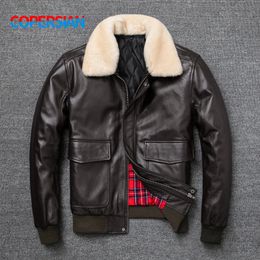 Chaqueta de vuelo de la Fuerza Aérea, chaqueta de cuero de vaca con capa superior genuina y Cuello de piel, abrigo de vaca marrón y negro para hombre, chaqueta de invierno para hombre 240108