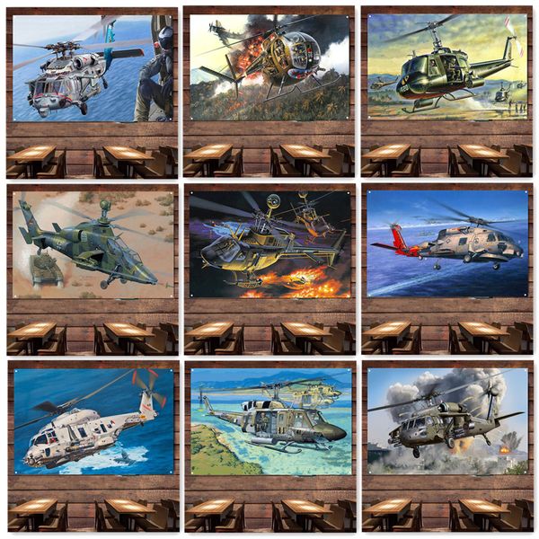 Bandera de arte militar de la Fuerza Aérea para colgar en la pared, póster de helicóptero de ataque, pintura en lienzo como regalo para aficionados militares, tapiz de arte de aviación militar para decoración de pared