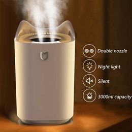 Humidificador de aire 3L Boquilla doble Difusor de aroma de niebla fría con luz LED colorida Niebla pesada Humidificador ultrasónico USB para el hogar 210724