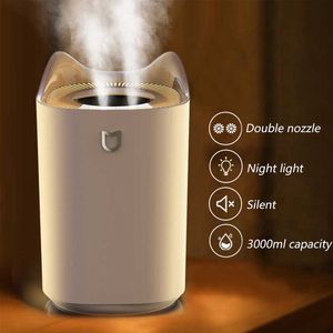 Air Humidifier 3L Double Nozzle Cool Mist Aroma Diffuser with Coloful LED light Heavy fog Ultrasonic USB Humidificador For Home 210724