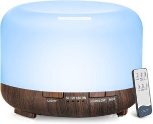 Humidificateur d'air Diffuseur d'huile essentielle 500ML Machine à brume froide ultrasonique Humidificateur d'atomisation Diffuseur de parfum à lumière LED Modèle électrique télécommandé