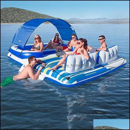 Luchtinflatie speelgoed Grote opblaasbaar 6 personen Lake Pool River Tropical Breeze Party Island Float Boat Boat Dotters Bed With Sun Canop OTF03