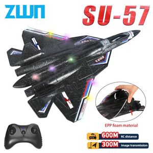Aircraft Modle RC Plane SU57 2.4G With LED Lights Remote Control Flying Model Glider EPP Foam Toys Airplane For Children Gifts 231021