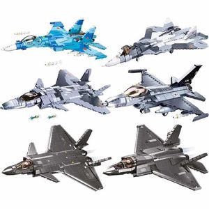 Aircraft Modle Sluban Modern Military Helicopter Sukhoi Su-57 SU-27 Aircraft F / A-18 F-14 Fighter WWII Aircraft Building Blocys Model Kids Toys S2452089
