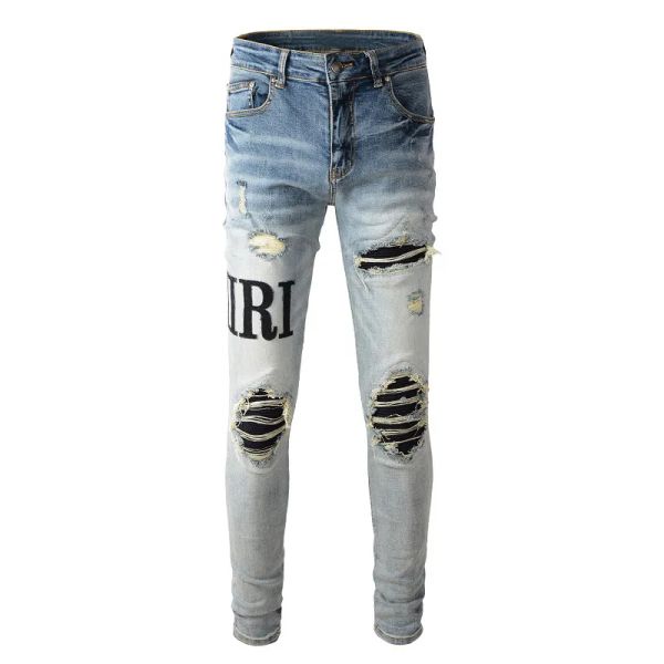 AIRI designer jeans hommes lettre marque logo blanc noir rock revival pantalon motard pantalon homme pantalon trou cassé broderie taille 28-40 qualité top 877949913