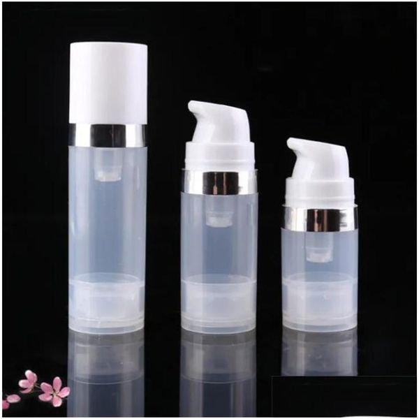 Botellas sin aire al por mayor vacías 5 ml 10 ml 15 ml Botellas sin aire Botella de loción de bomba de vacío transparente y blanca con anillo Sier Er Cosmetic Pac Dhnd0