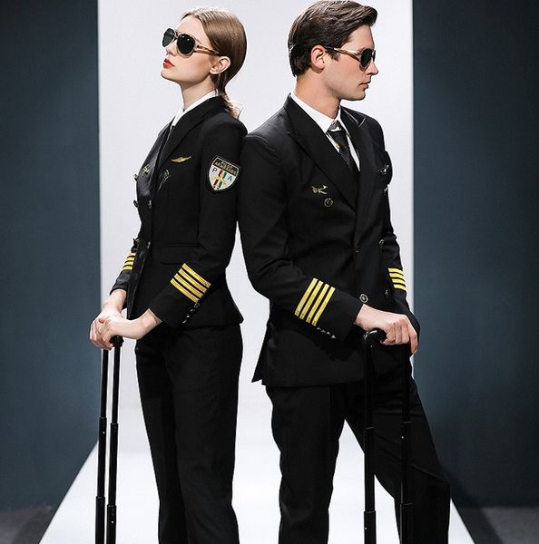 Compagnie aérienne co uniforme d'agent de bord KTV hôtel professionnel costumes chapeau + veste + pantalon femme capitaine homme costumes uniforme d'équipage aérien