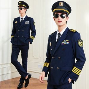 Airline Officer Kapitein Uniform Hoed Jasje Broek Accessoires Kraagvorm Luchtvaartpiloot Marineblauwe werkkleding met dubbele rij knopen