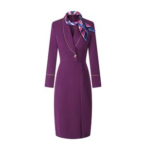 Stewardess Professionele Jurk Vrouwen Effen Kleur Uniform Herfst Winter Juwelier Verkoop Kantoor Formele Werkkleding