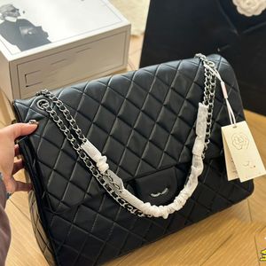 Sac d'aéroport 40 cm surdimensionné sac à bandoulière pour femme en cuir diamant chèque argent matériel boucle en métal sac à main de luxe Matelasse chaîne sac à bandoulière sacs de voyage de créateur