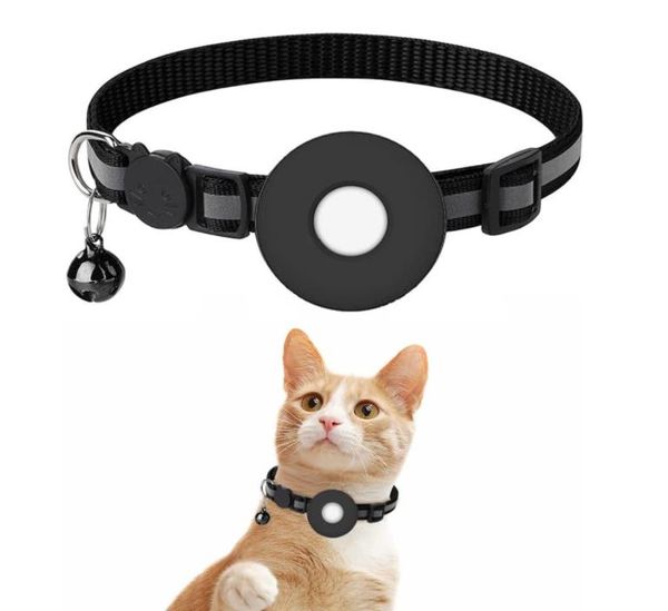 Airtag Collar de gato Campana Soporte para cinturón de cuello para mascotas Hebilla de seguridad reflectante Compatible con Apple para perros pequeños Cachorro Gatito Nylon ajustable antipérdida