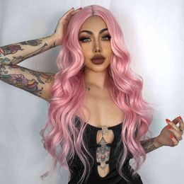 AISI Haar Synthetische lange golvende pruik roze voor vrouwen Side Deel Natural Black Coplay Halloween Heat Reitant 220622