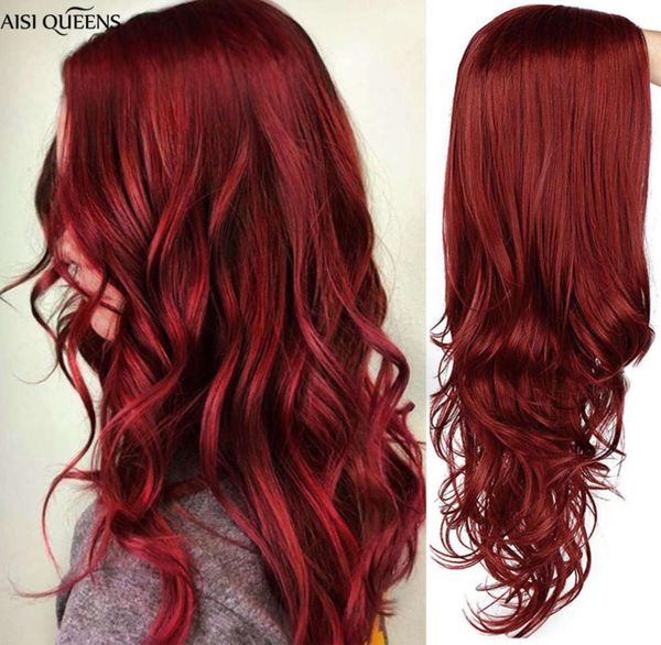 Aisi Queens perruque synthétique longue vague perruque rouge pour femmes Cosplay perruques noires roses Division partielle fibre naturelle haute température5119155