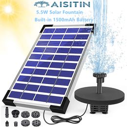 Pompe de fontaine solaire AISITIN 5.5W intégrée de 1500mAh Pompe à eau solaire Pompe flottante avec 6 buses, pour bain d'oiseaux, etc.