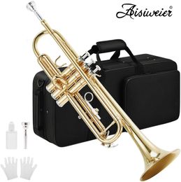 Aisiweier Gouden Trompet Messing ATR-380 Standaard Bb-trompetset voor student-beginner met harde koffer, handschoenen, 7 C-mondstuk 00
