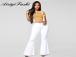 Aisiyifushi dames bell bodem jeans plus maat middelste taille witte jeans vrouw lange wijd uitlopende broek dames winter witte spijkerbroek stretch 2016150053