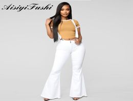 Aisiyifushi dames bell bodem jeans plus maat middelste taille witte jeans vrouw lange wijd uitlopende broek dames winter witte spijkerbroek stretch 2013347196