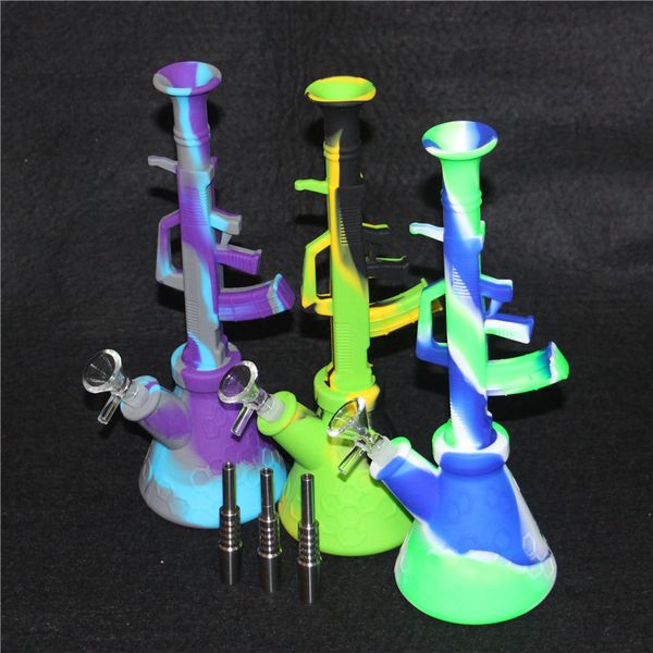 fumar AK diseño Silicon Water Pipe Mini Silicone Beaker Bongs irrompible Oil Rig peine bong con recipiente de vidrio de 14 mm y puntas de titanio