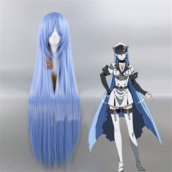 Akame Ga KILL Esdeath Cosplay perruque 100 cm bleu cheveux longs et raides285y