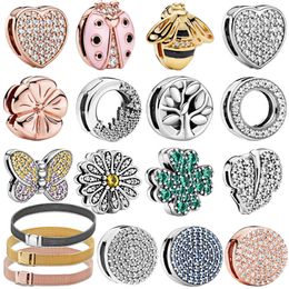 AKIYAMA – breloques à Clip en argent Sterling 925, fleur scintillante, cœur, adaptées aux Bracelets de réflexion Pandora originaux, bijoux pour femmes