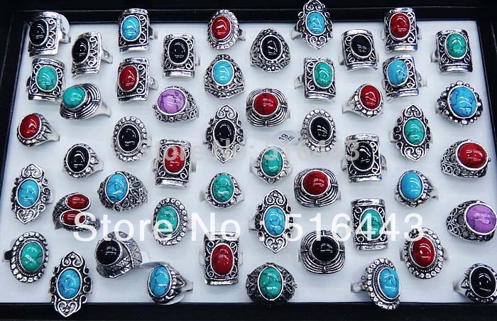 Heißer Verkauf 10 stücke Natursteine ​​Türkis Antikes Silber Überzogene Vintage Frauen Mens Ringe Großhandel Schmuck Viele A-100