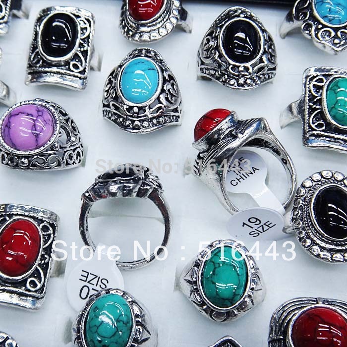 Heißer Verkauf 10 stücke Natursteine ​​Türkis Antikes Silber Überzogene Vintage Frauen Mens Ringe Großhandel Schmuck Viele A-100